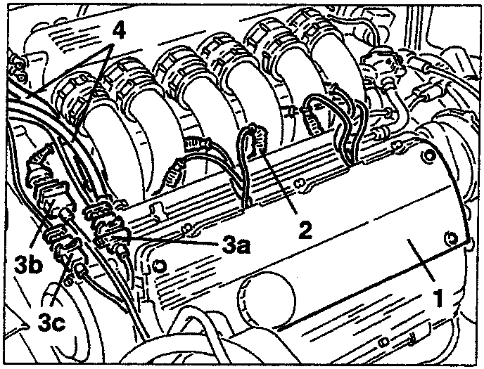 Engine diagram showing labeled parts 1, 2, 3a, 3b, 3c, 4