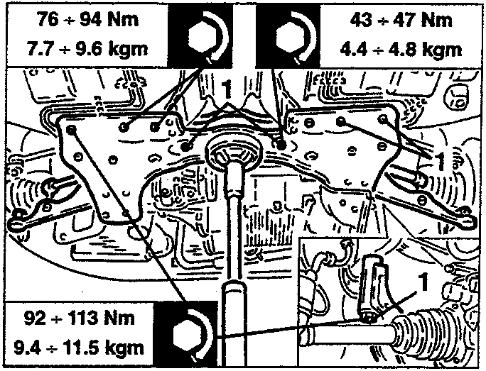 Wishbones and stabilizer bar being removed with torque specifications