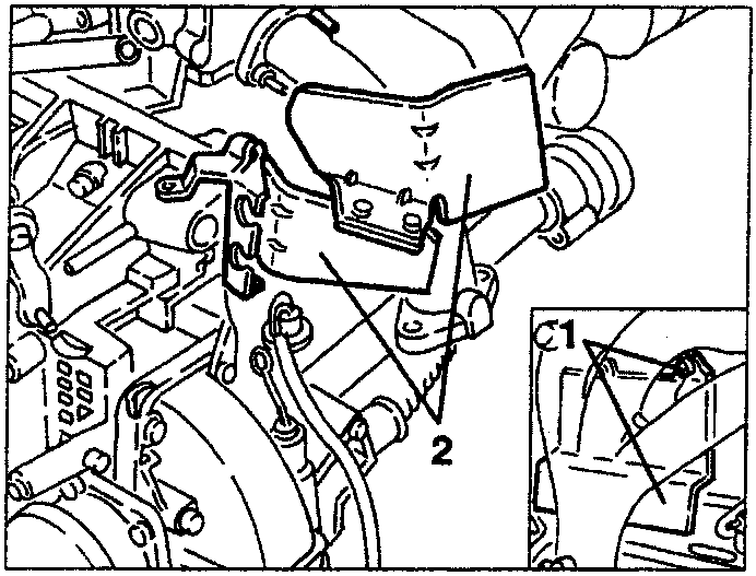 Engine diagram showing starter motor and heat shield removal