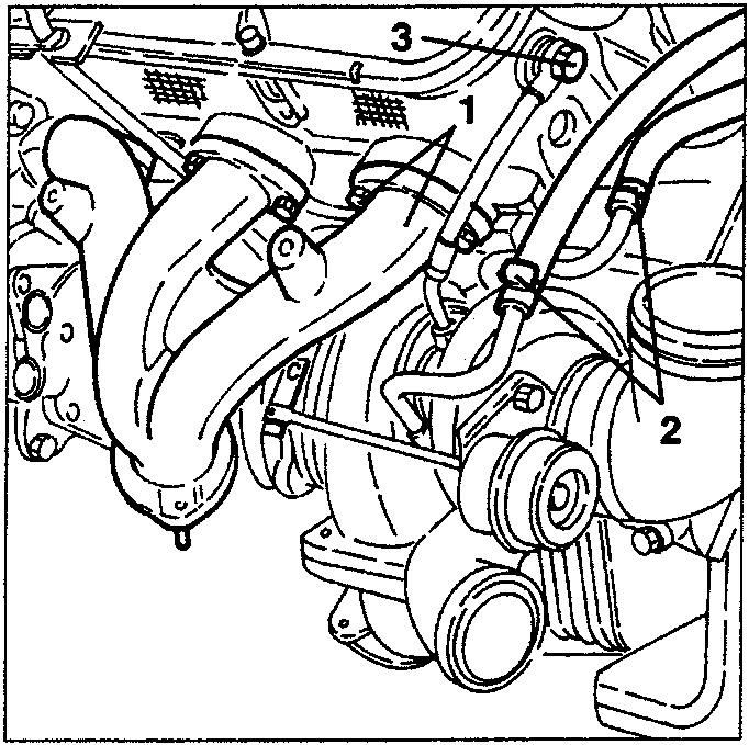 Engine diagram showing turbocharger, exhaust manifold, and oil delivery pipe connections