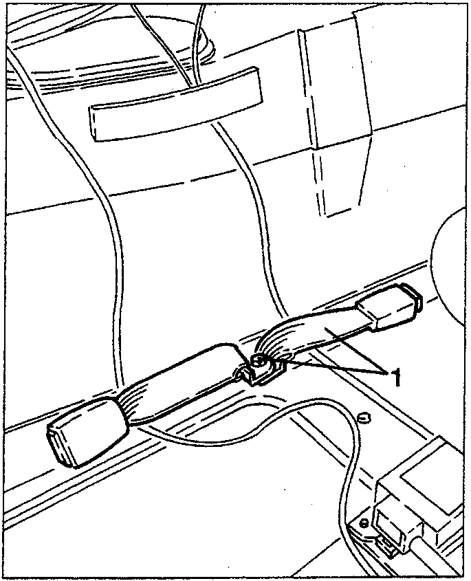Diagram showing the rear seat belt whips, with label 1 pointing to the fastening screw.