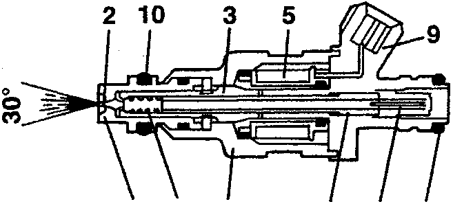 Cross-section diagram of an injector showing parts including injector body, needle, magnetic core, helical spring, winding, injector nose, adjustable pressure plate, filter, electrical connection, and seal rings.
