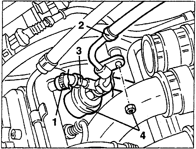 Engine diagram showing fuel distributor manifold connection pipe, fuel inlet pipe, pulse damper, and fastening clamp.