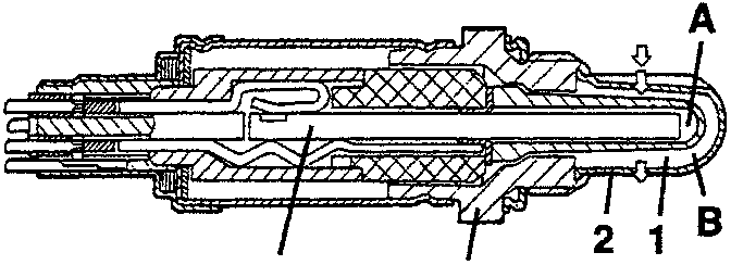 Lambda probe cross-section diagram showing ceramic body, protective tube, metal body, and electric resistance with labeled parts A (inner ceramic part) and B (outer ceramic part).