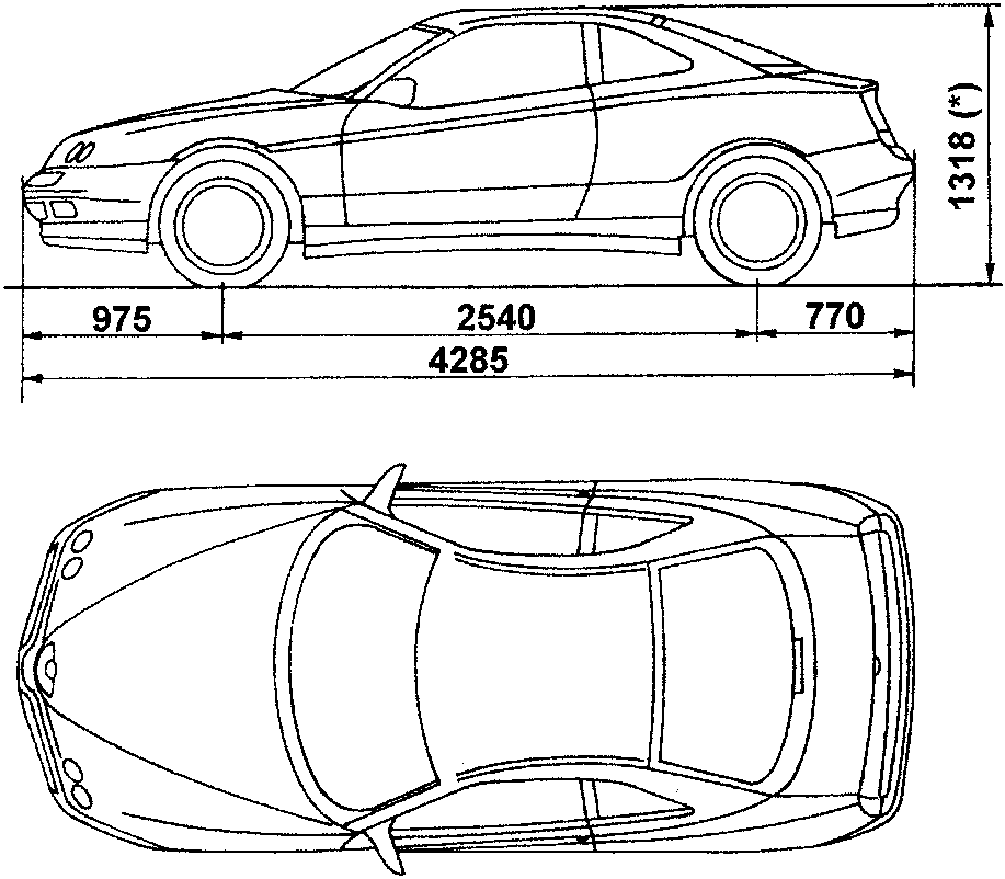 Side view of car with dimensions 975, 2540, 770, and total length 4285