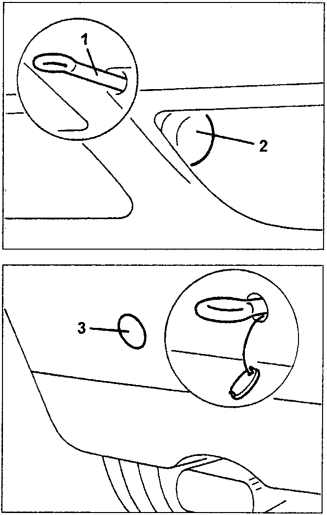 Towing points diagram: 1. Tow hitch, 2. Front bumper slot, 3. Rear bumper cover