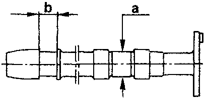 Camshaft, journal a and shoulder b