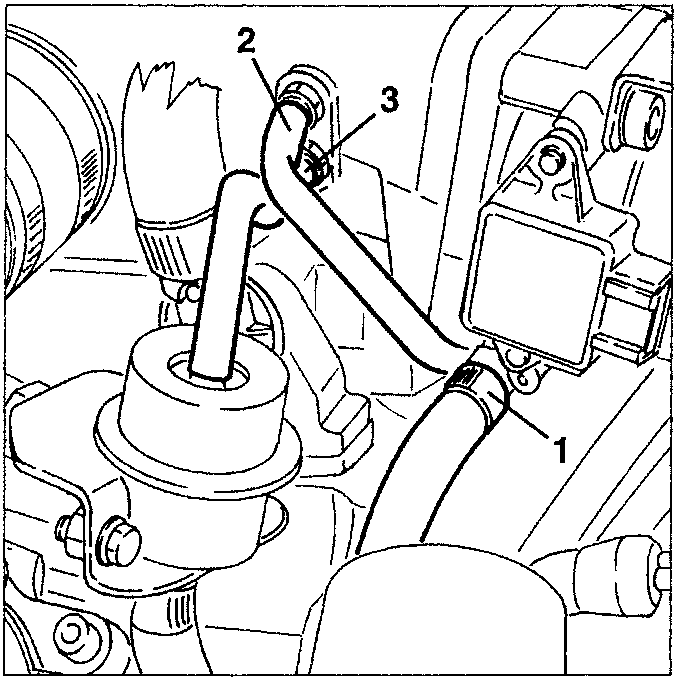 Engine diagram showing coolant inlet pipe, E.G.R. modulating valve pipe, and fuel pressure regulator pipe disconnected from intake box