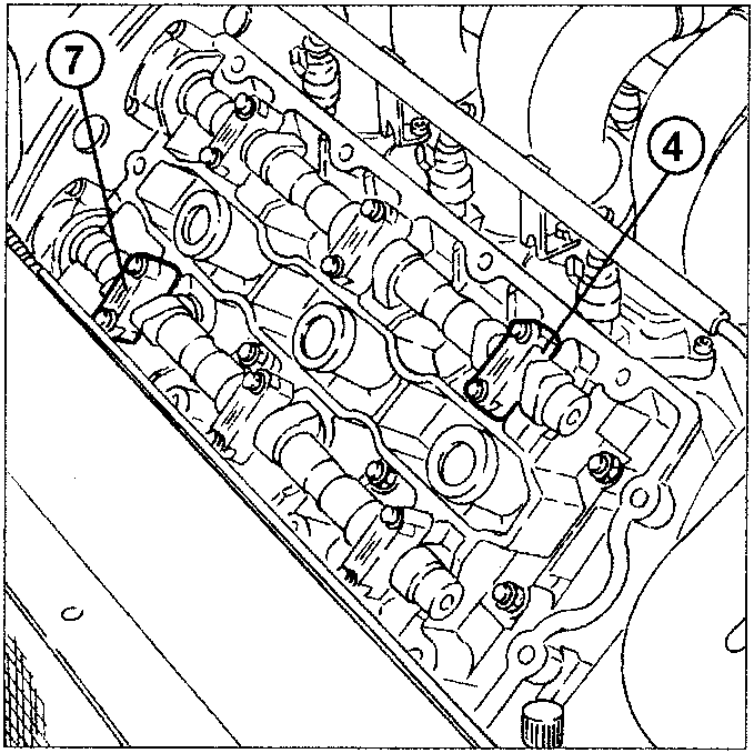 Engine diagram showing camshaft caps 4 and 7