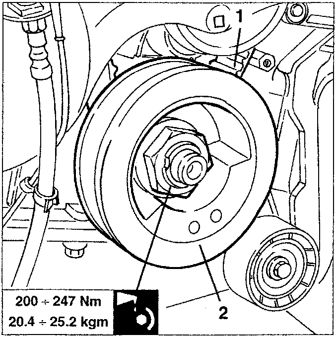 Timing gear belt installation on crankshaft drive pulley with torque specification box