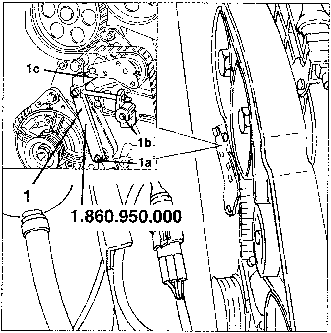 Diagram showing timing gear drive belt tensioning tool 1.860.950.000 with screws 1a, 1b, and pin 1c.