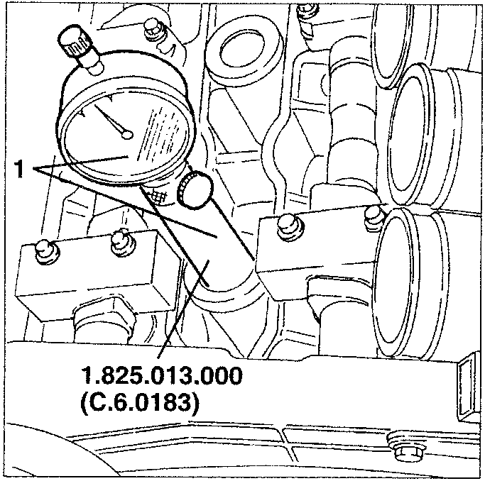 Diagram showing a dial gauge and engine components with part number 1.825.013.000 (C.6.0183) indicated.