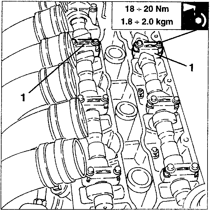 Diagram showing camshaft drive pulley fastening screws with torque specification 18 ÷ 20 Nm (1.8 ÷ 2.0 kgm) indicated in a box.