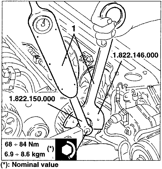 Diagram showing a wrench applying torque to a bolt with tools labeled 1.822.150.000 and 1.822.146.000, with torque specification 68 ÷ 84 Nm (6.9 ÷ 8.6 kgm) indicated in a box.