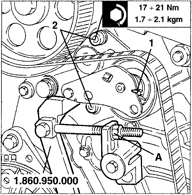 Diagram showing belt tensioner with tool 1.860.950.000 applied to nut A, with torque specification 17 ÷ 21 Nm (1.7 ÷ 2.1 kgm) indicated in a box.