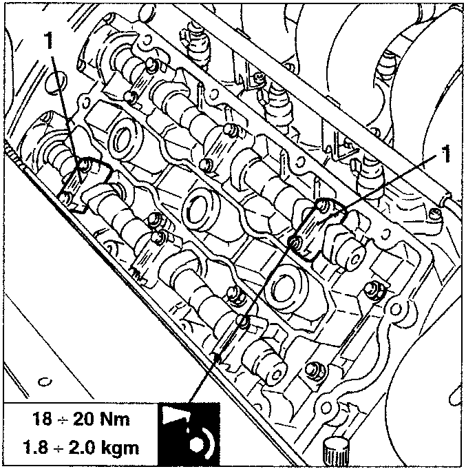 Diagram showing engine cylinder head with bolts labeled '1' and torque specification 18 ÷ 20 Nm (1.8 ÷ 2.0 kgm) indicated in a box.