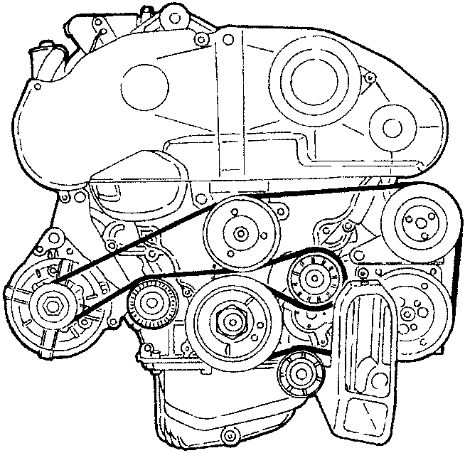 Engine with auxiliary belt shown around pulleys