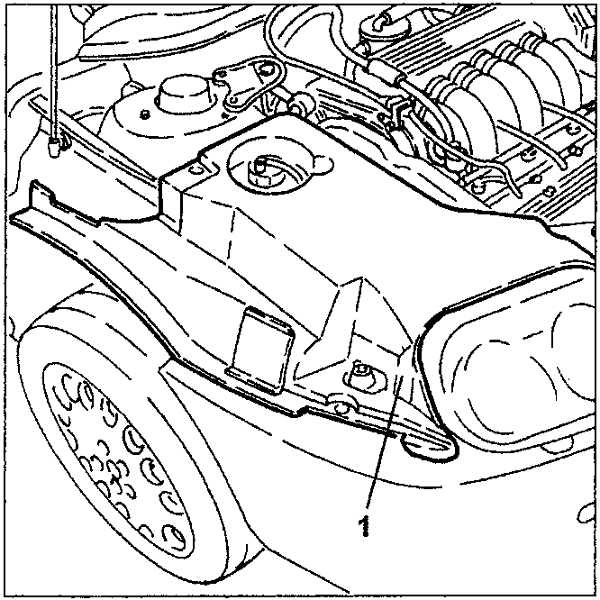 Engine compartment with side guard removed, showing fastening nuts labeled 1