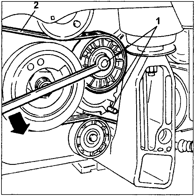 Engine unit drive belt removal, showing pulley and belt labeled 1 and 2