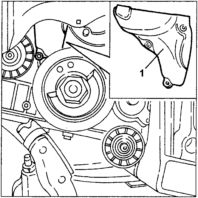 Engine with timing belt guard being removed, showing part 1
