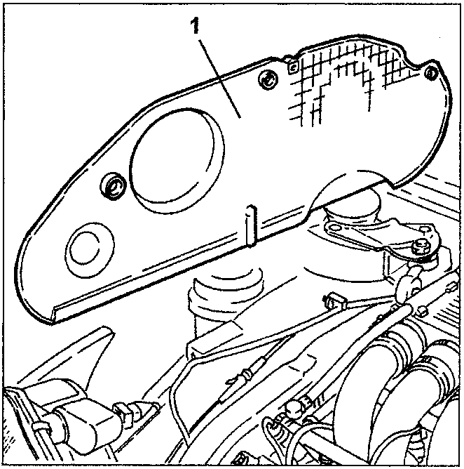 Upper timing belt guard shown separately, labeled as part 1