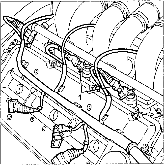Diagram showing the injector electrical connections being disconnected and moved aside, labeled as 1.