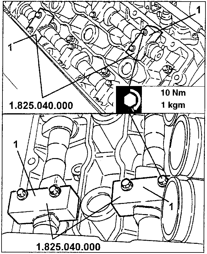 Engine block with templates 1.825.040.000 fitted, showing torque values 10 Nm and 1 kgm
