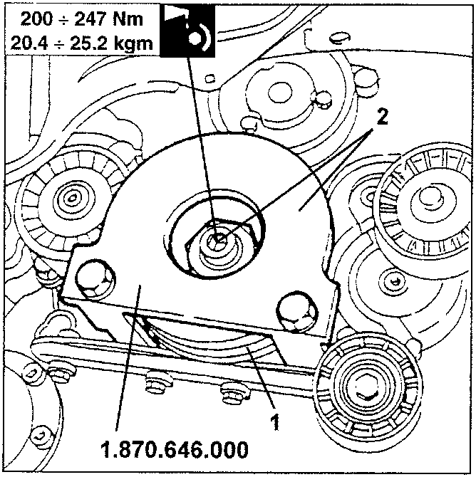 Engine pulley with tool 1.870.646.000, showing torque range F200 ÷ 247 Nm (20.4 ÷ 25.2 kgm)