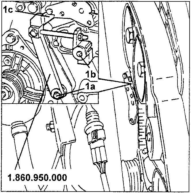 Timing belt tension tool 1.860.950.000 fitted with screws 1a, 1b and pin 1c