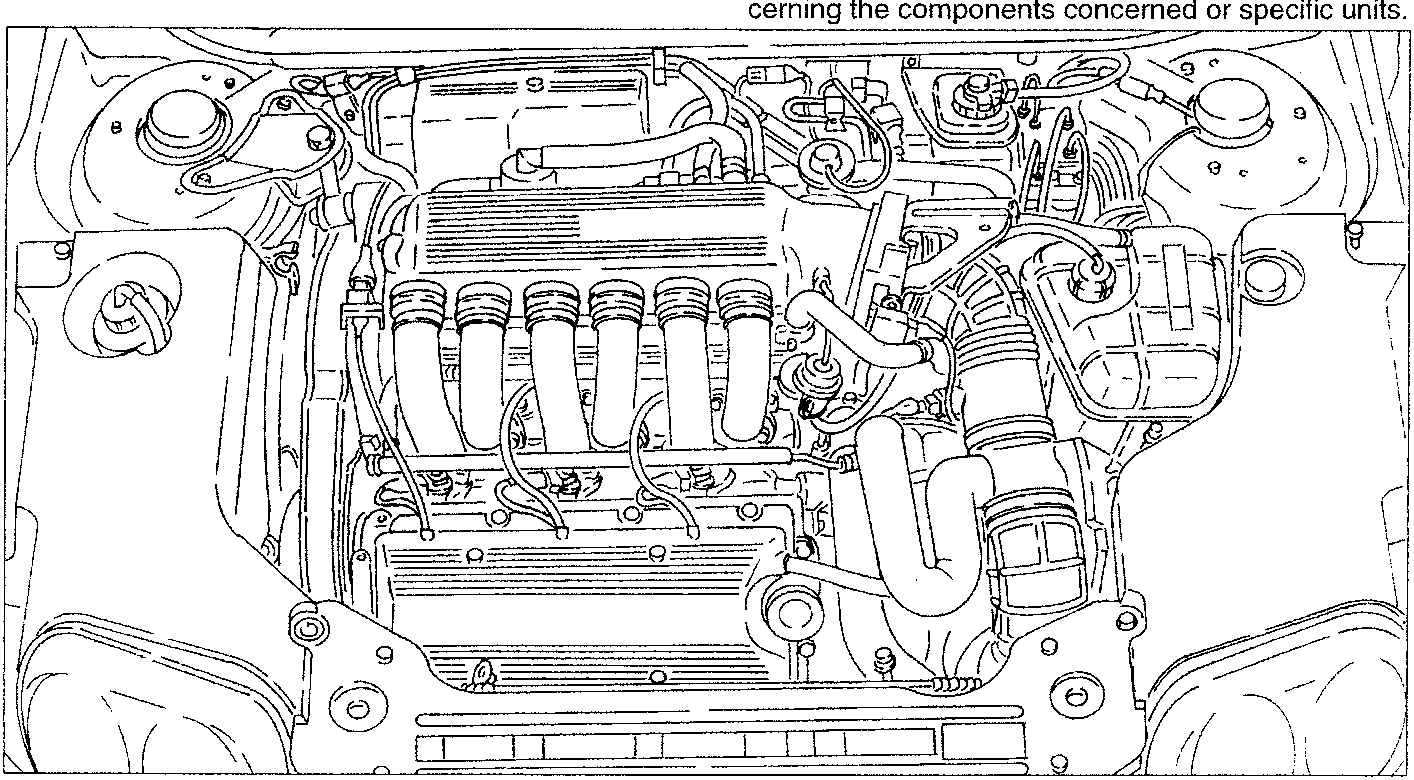 Engine layout diagram showing components like intake manifold, air filter box, throttle potentiometer, oil vapour recovery pipe, etc.
