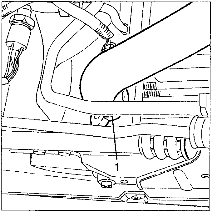 Diagram showing lower engine bay area with part 1 labeled as 'radiator outlet sleeve' or similar component.