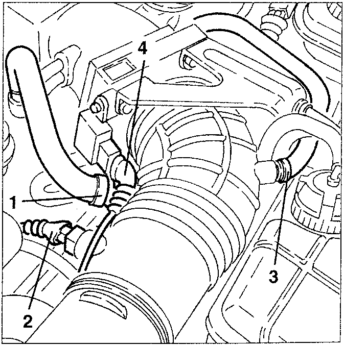 Diagram showing engine bay area with parts 1, 2, 3 and 4 labeled. Part 1: oil vapour recovery pipe; part 2: intake air temperature sensor connector; part 3: constant idle speed device connection point; part 4: throttle potentiometer electrical plug.
