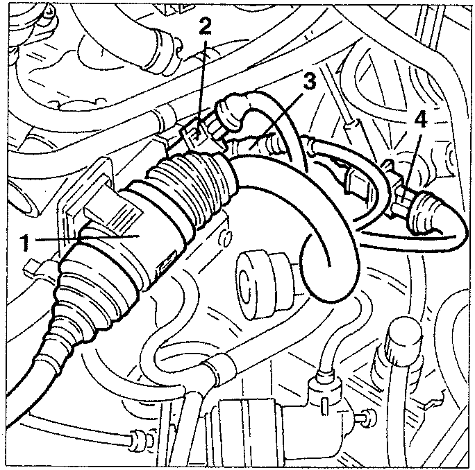 Engine diagram showing injection wiring connector, rear pinging sensor, rpm and timing sensor, and cam angle sensor