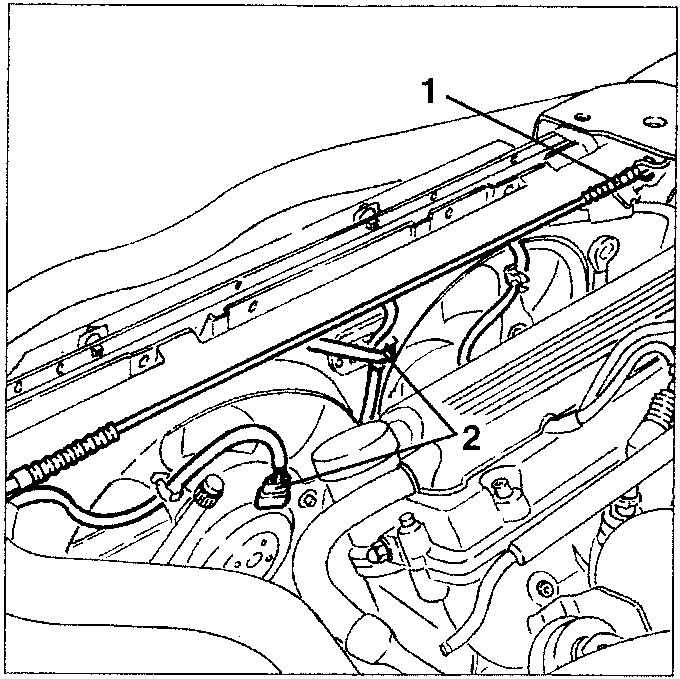 Engine compartment showing bonnet opening cables and electrical connections