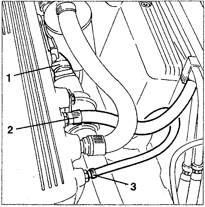 Diagram showing electrical connection, fuel vapour recovery pipe and servobrake vacuum takeoff pipe disconnection
