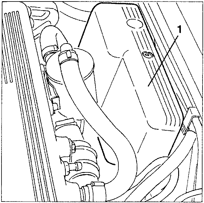Engine compartment showing relays, fuses and electrical connections with part 1 indicated
