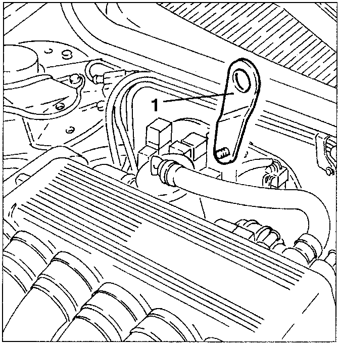 Special engine support bracket on right cylinder head with part 1 indicated