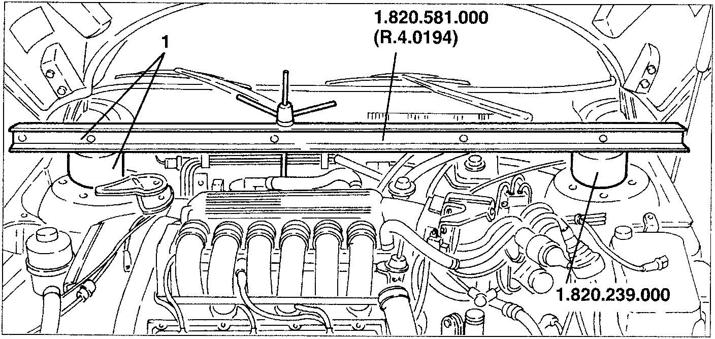 Engine cross rail and support installation diagram showing part numbers 1.820.581.000 (R.4.0194) and 1.820.239.000
