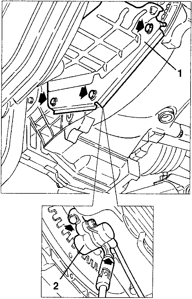 Flywheel cover and sensor removal diagram showing part numbers 1 and 2