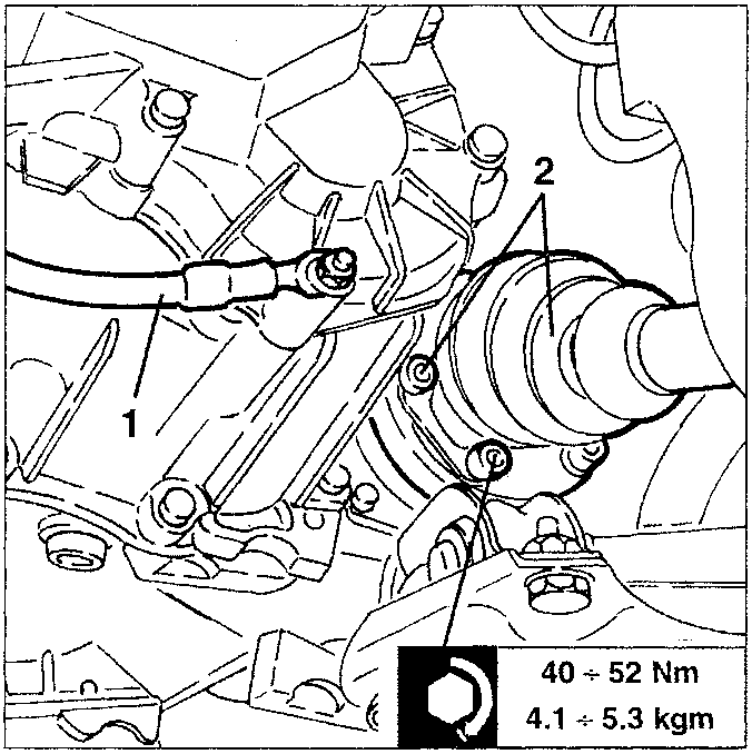 Diagram showing gearbox rear cover with earth braid disconnected and bolts to be slackened, with torque specification 40 ÷ 52 Nm / 4.1 ÷ 5.3 kgm