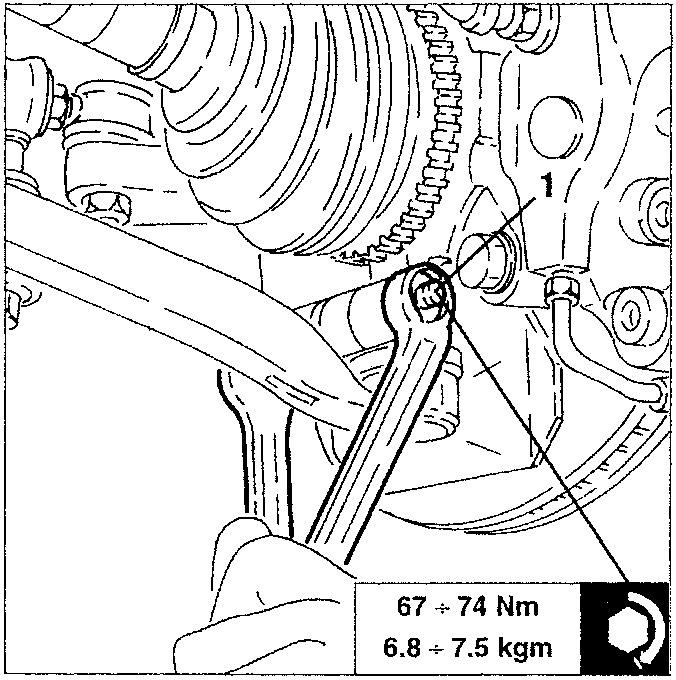 Diagram showing wishbone bolts being slackened with torque specification 67 ÷ 74 Nm / 6.8 ÷ 7.5 kgm