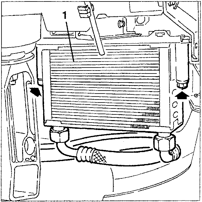 Engine oil radiator restrained on engine