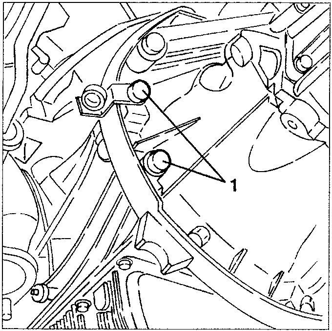 Illustration showing two screws labeled 1 on a gearbox and crankcase assembly