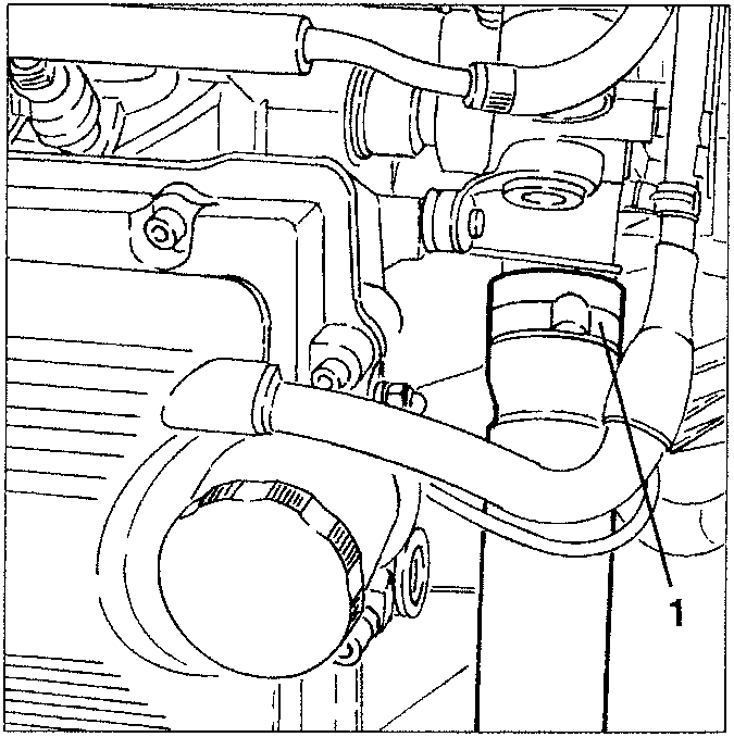 Close-up of radiator coolant return sleeve connection