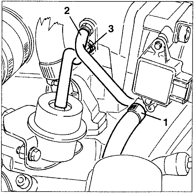 Diagram showing disconnection points: 1 = fuel pressure regulator vacuum takeoff pipe, 2 = E.G.R. modulating solenoid valve vacuum takeoff pipe, 3 = coolant fluid inlet pipe from throttle body.