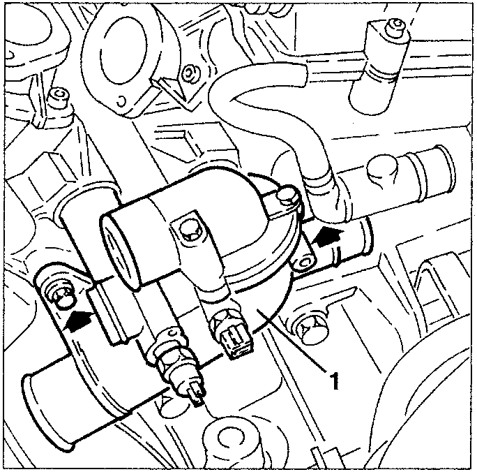 Engine diagram showing thermostatic cup with arrows indicating screw locations