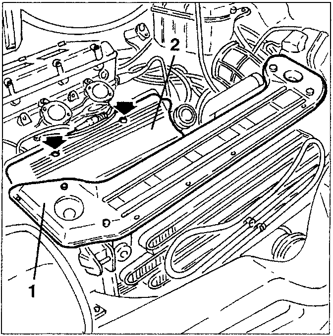 Engine diagram showing upper radiator crossmember and left cylinder head ignition coil cover