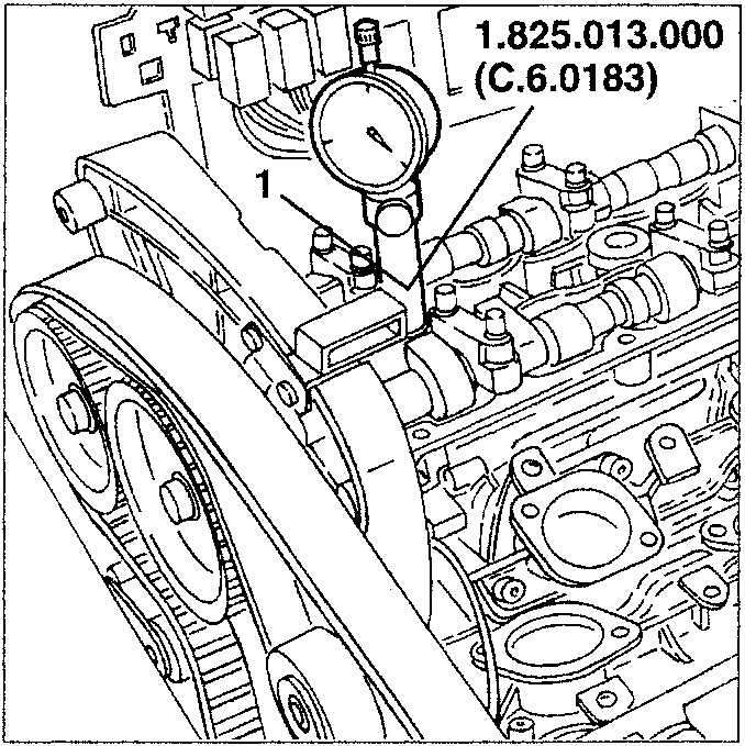 Engine diagram showing tool 1.825.013.000 (C.6.0183) installed on first cylinder spark plug