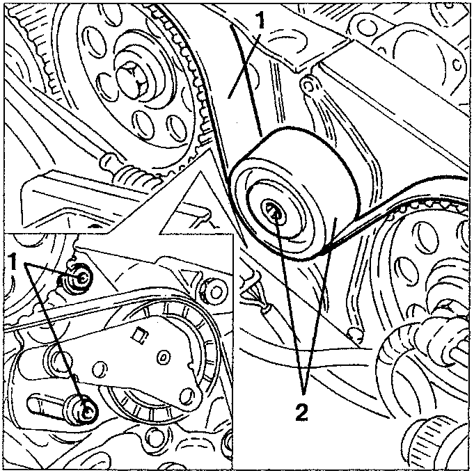 Diagram showing belt tensioner screws and timing gear drive belt pulley guide