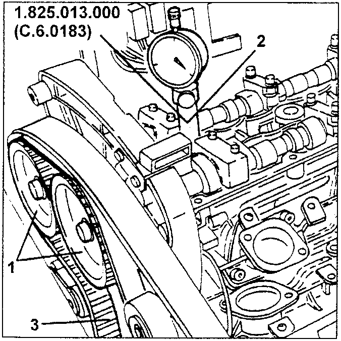 Engine timing belt tensioner adjustment diagram with labeled components